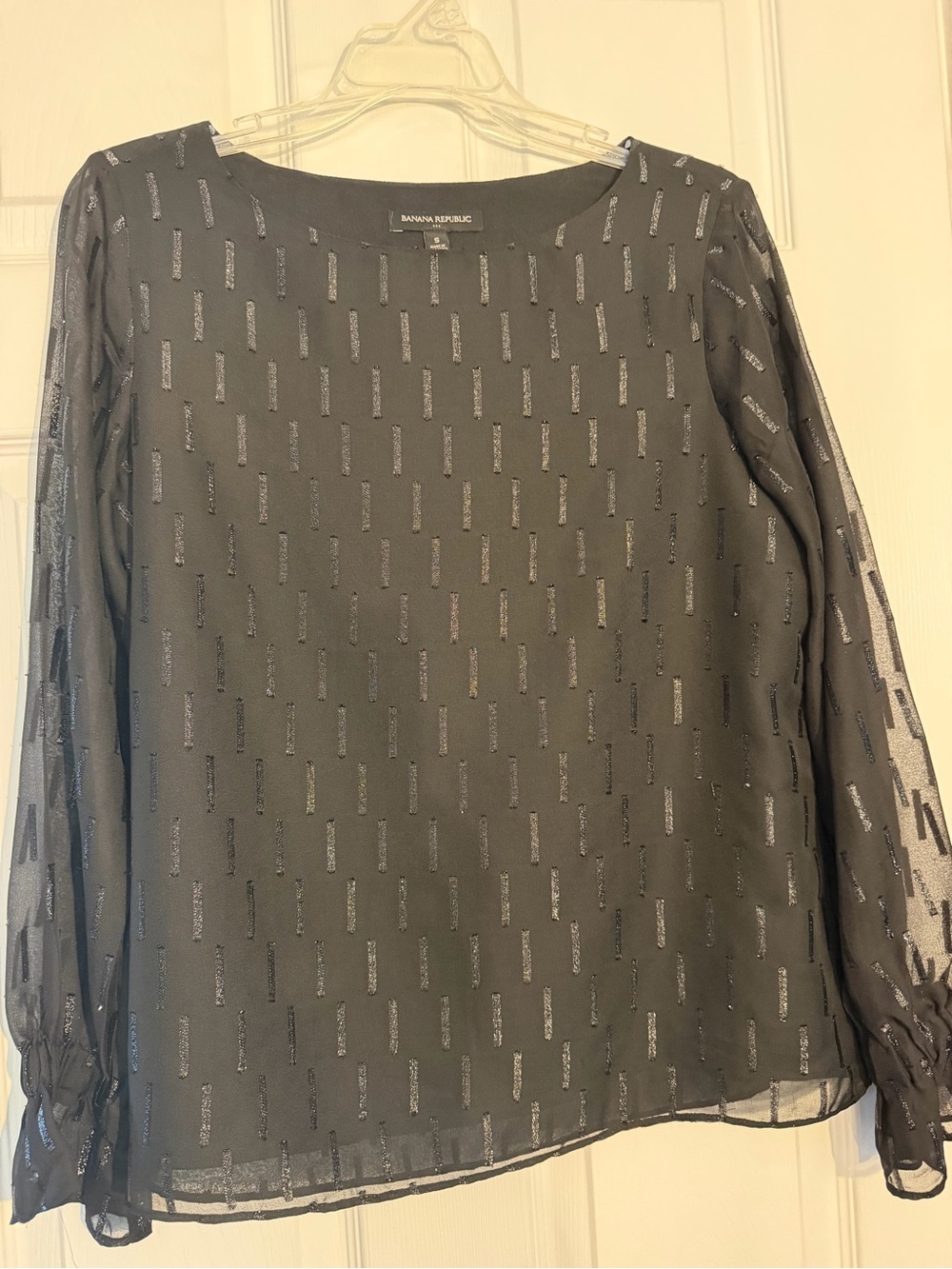 Banana Republic Black Sheer Metallic-Stripe Long Sleeve Blouse